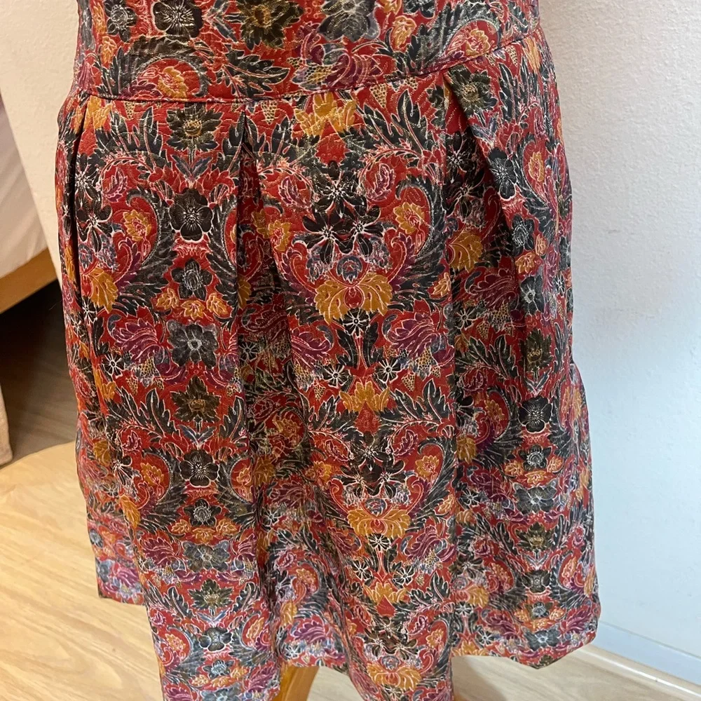 Anthropologie Rosia Brocade Red & Gold Floral Metallic Pleated Skirt - Picture 7 of 13
